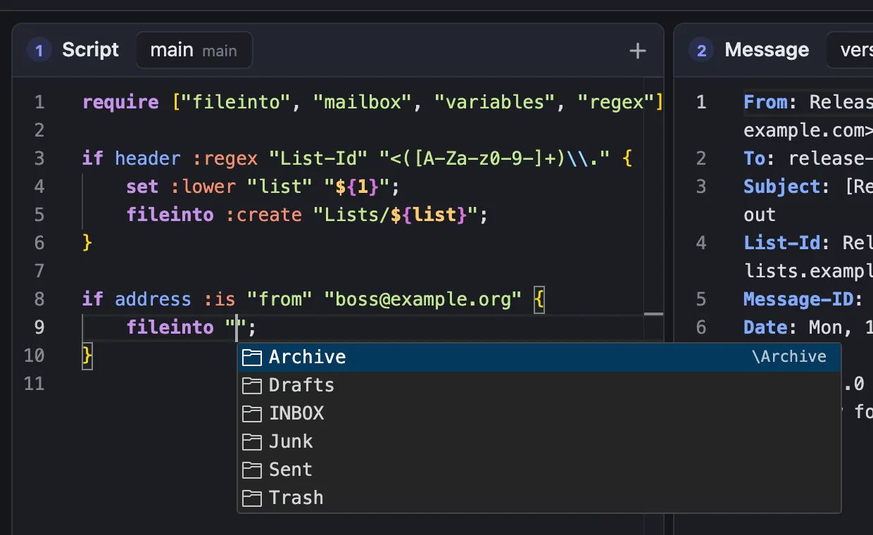 Autocomplete offering the mailbox names configured for the workspace