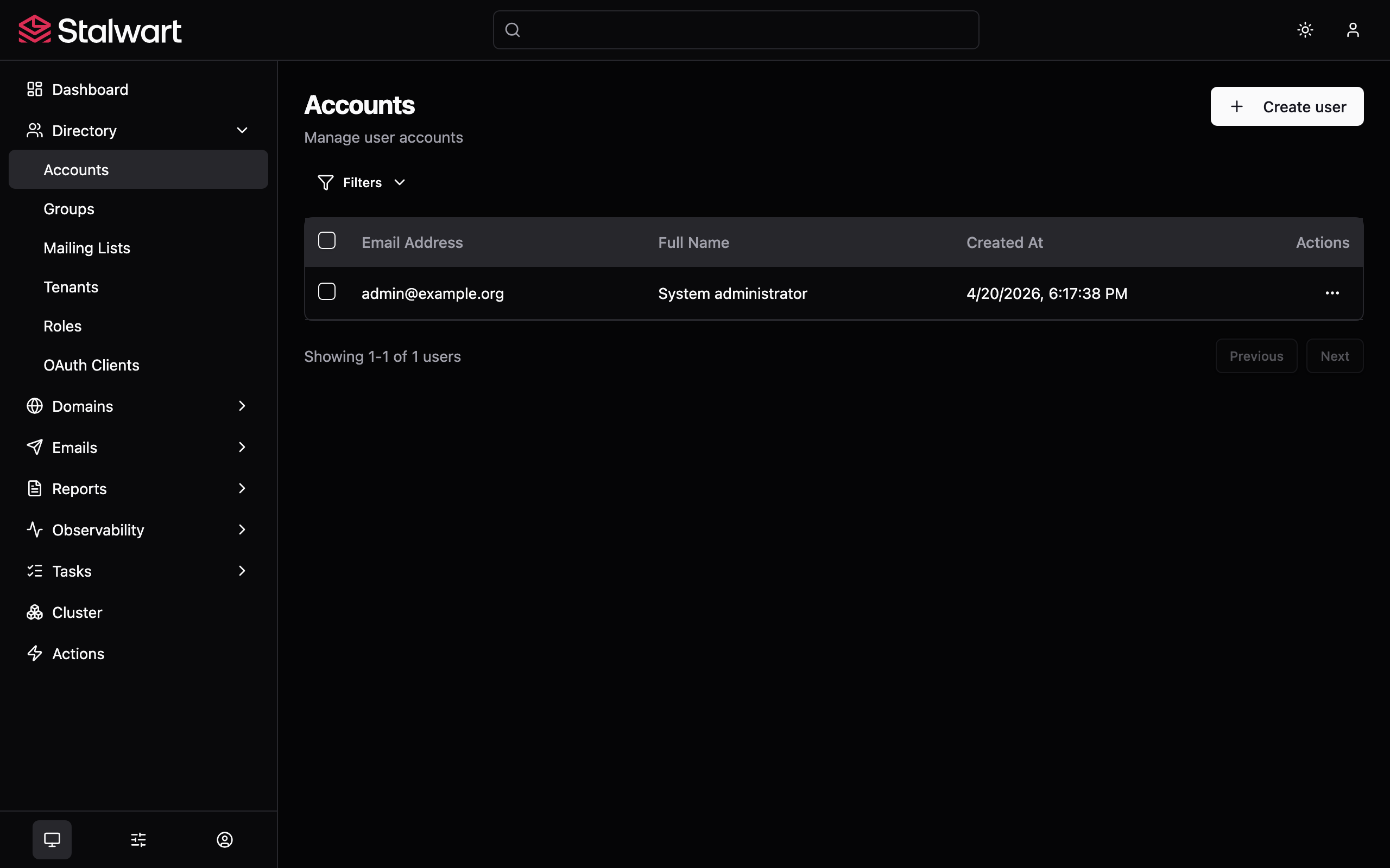 Stalwart accounts directory listing user accounts with email, full name and creation date