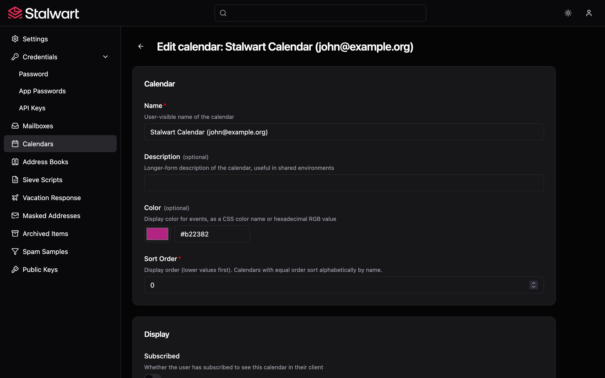 Stalwart calendar settings