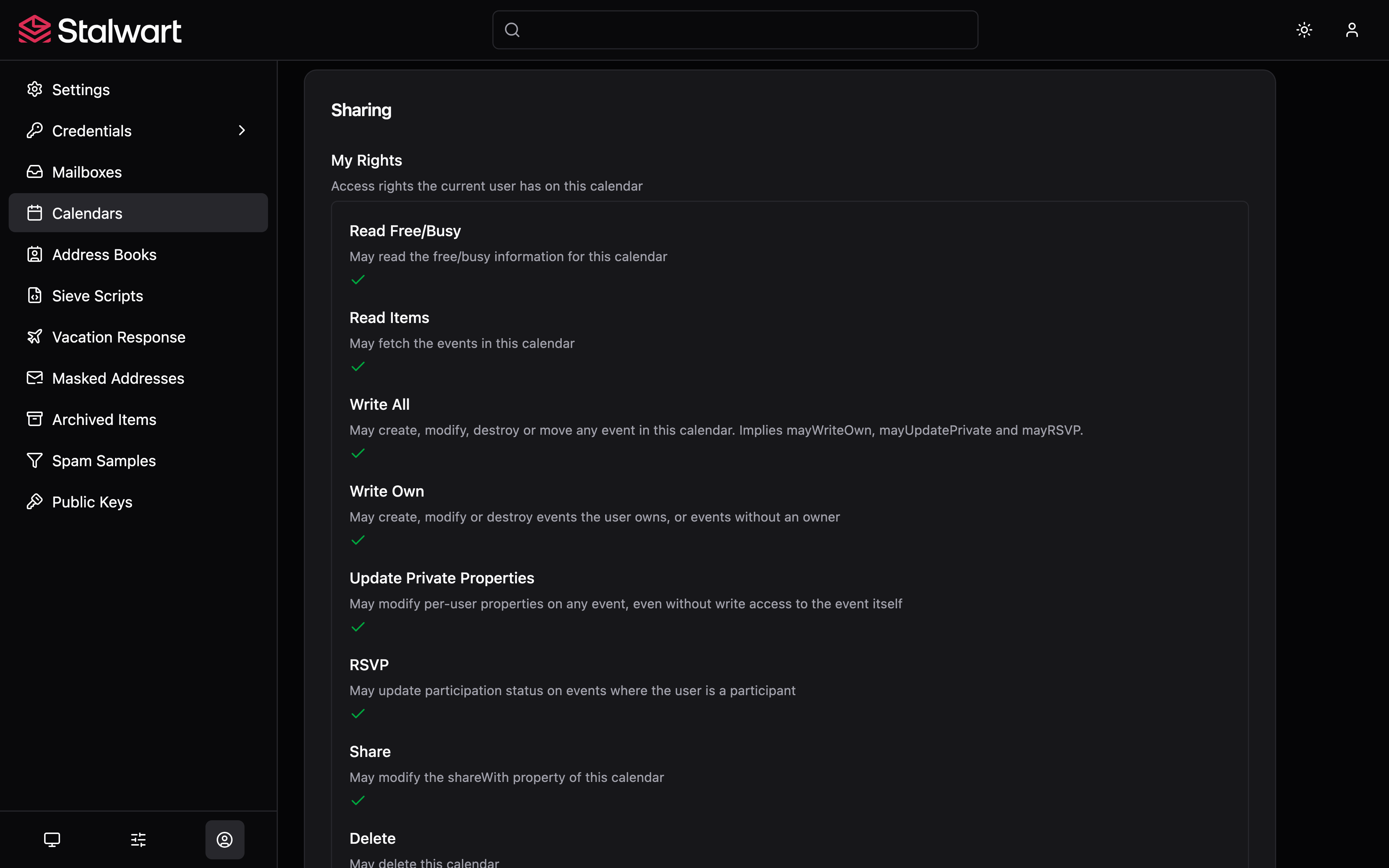 Stalwart calendar sharing settings