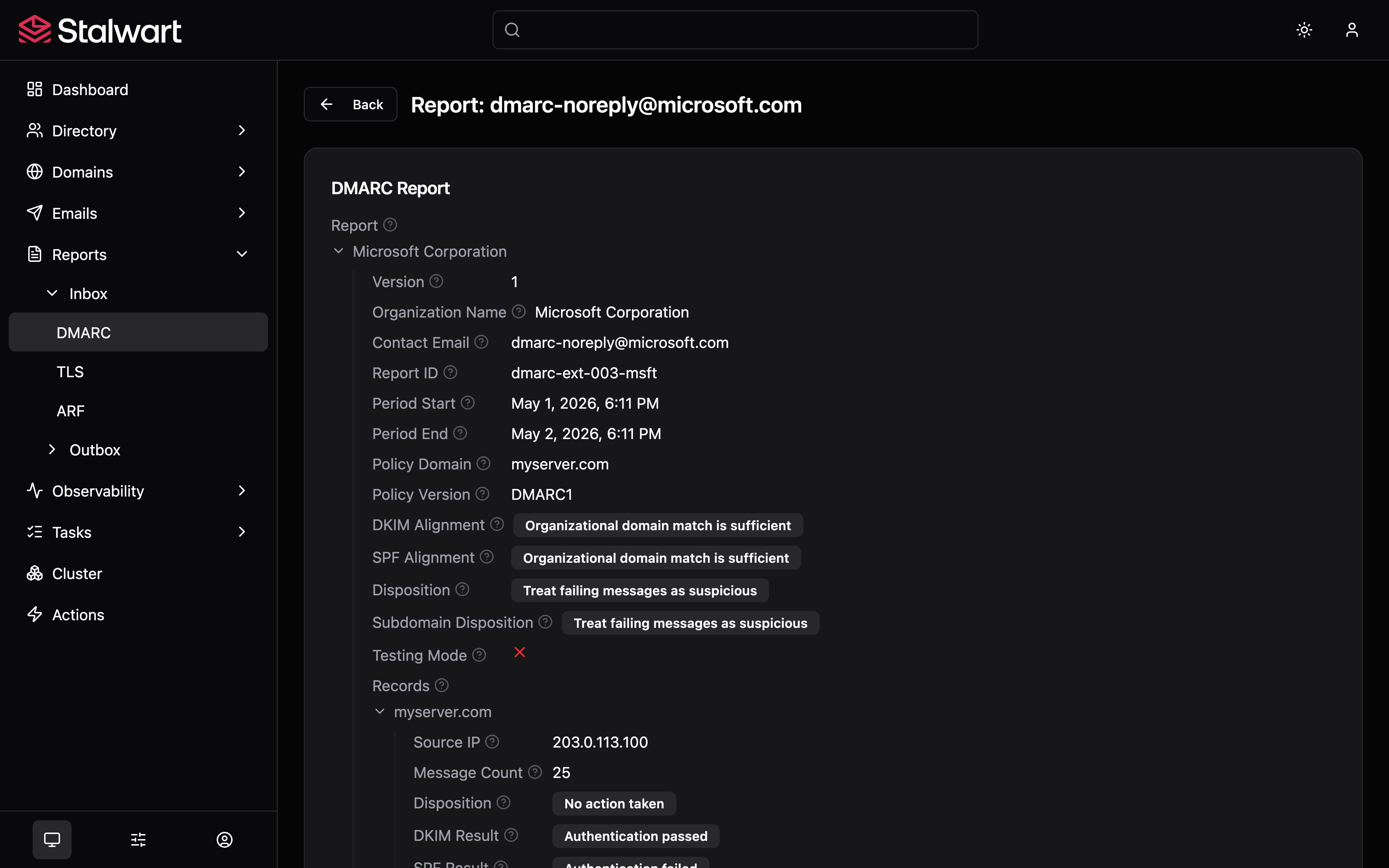 Stalwart DMARC report detail with policy domain, alignment, disposition and per-source records