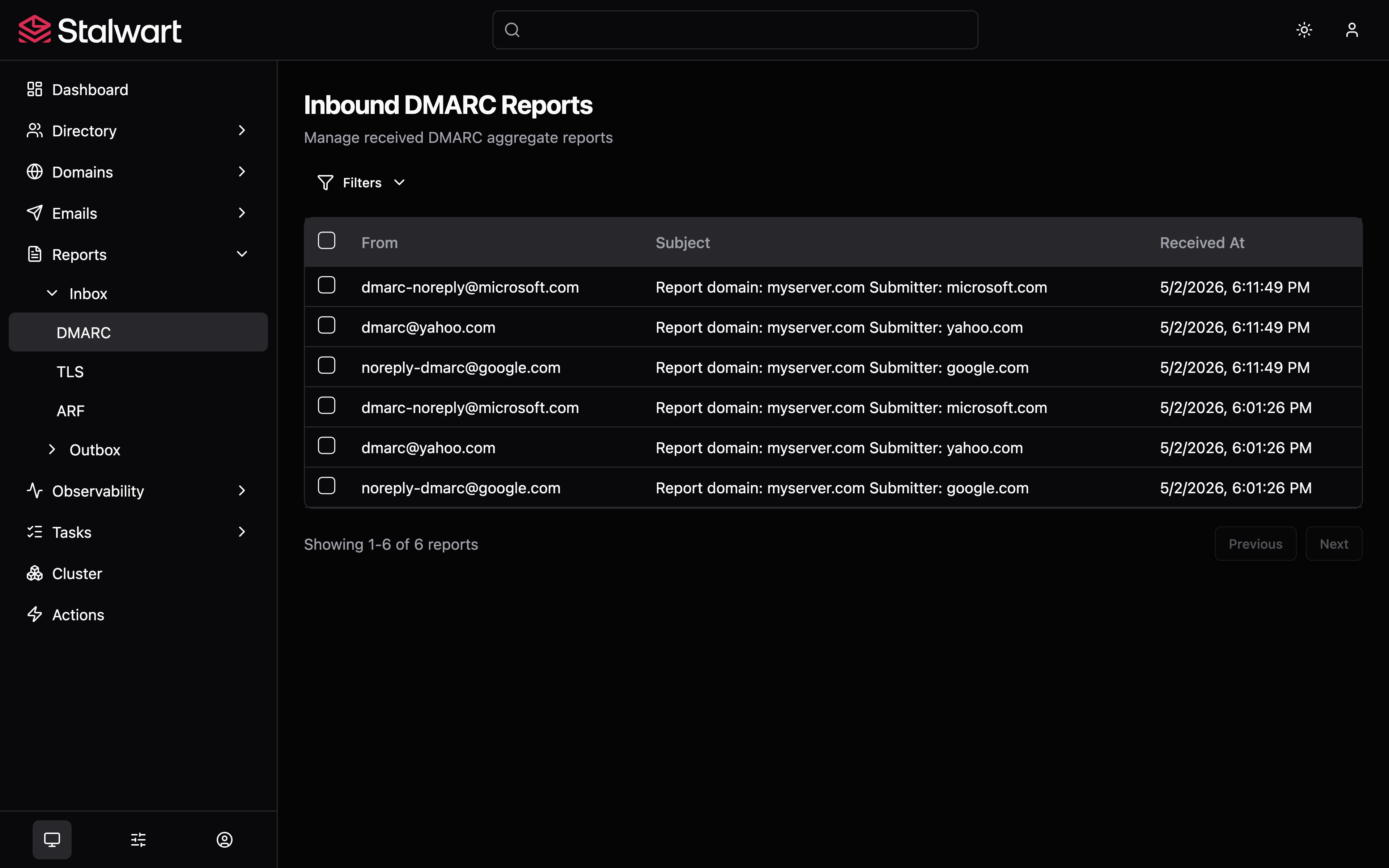 Stalwart inbound DMARC reports list with sender, subject and received timestamp columns
