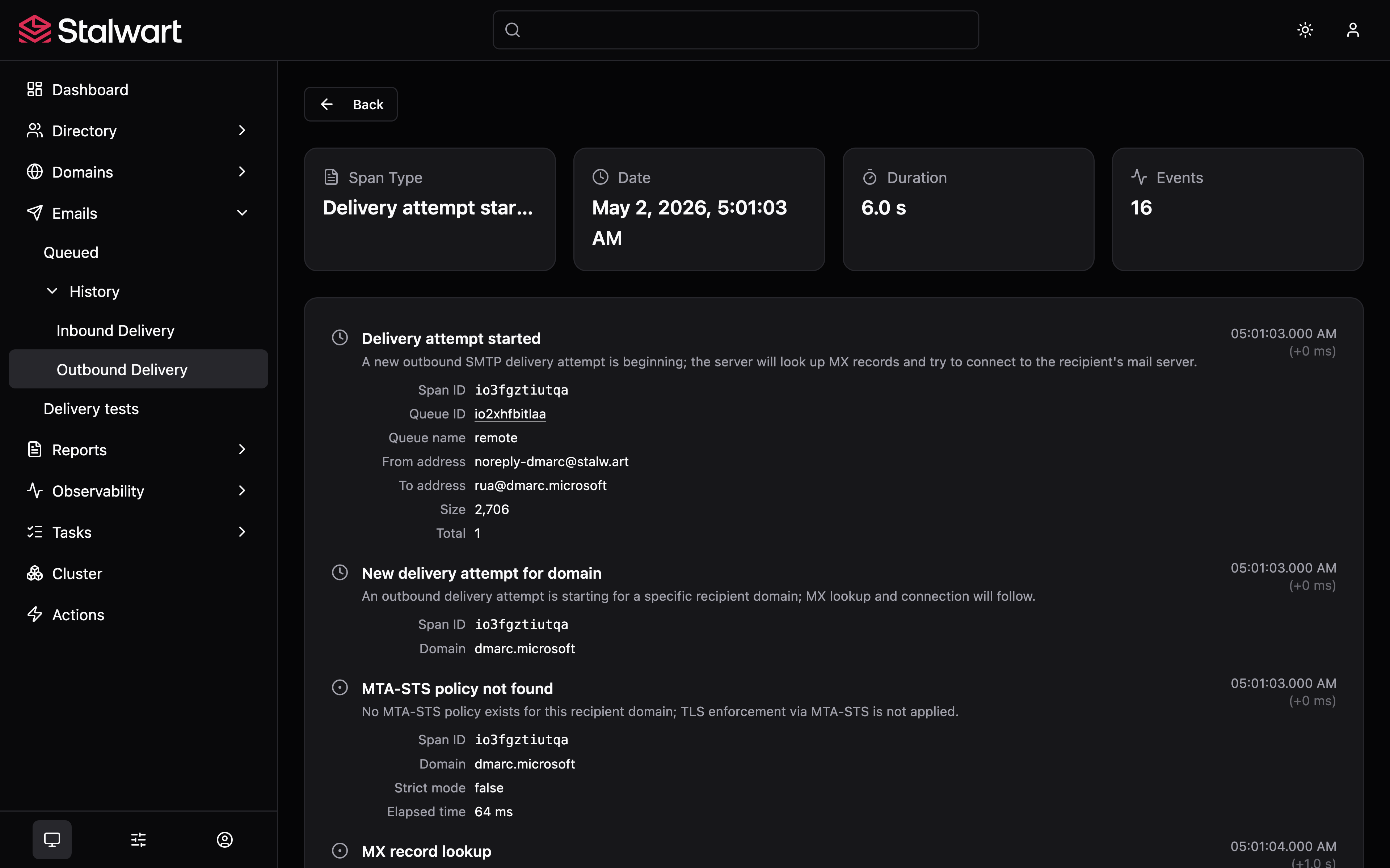Stalwart outbound delivery detail showing the queue ID, attempts, MX lookup, MTA-STS check and per-stage timings for a single message