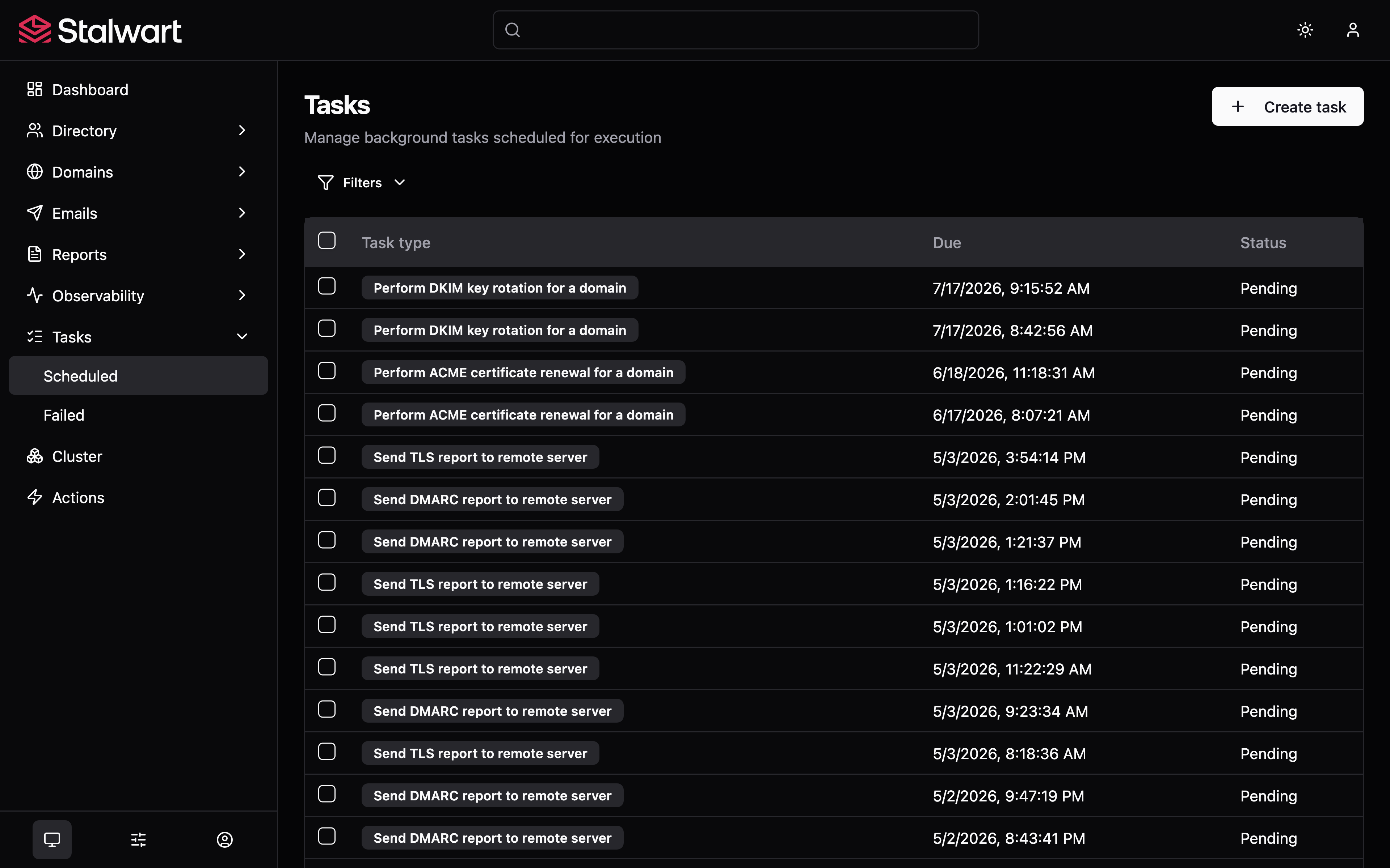 Stalwart scheduled tasks list showing pending DKIM key rotations, ACME certificate renewals and outbound DMARC and TLS reports